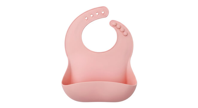 Pink silicone baby bib with a food catcher pocket isolated on a clean transparent background for infant feeding and weaning essentials