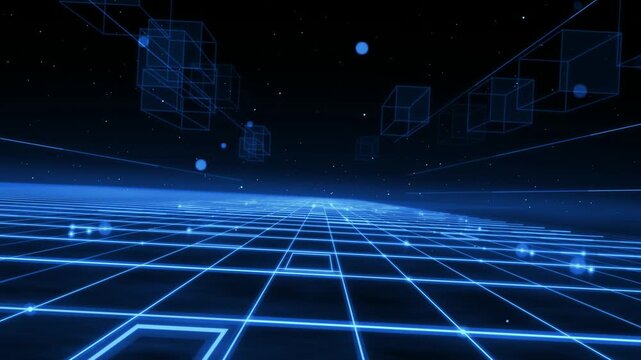 Blue neon cyber grid floor with glowing light pulses and floating wireframe data cubes, seamless loop motion background for technology in 4K