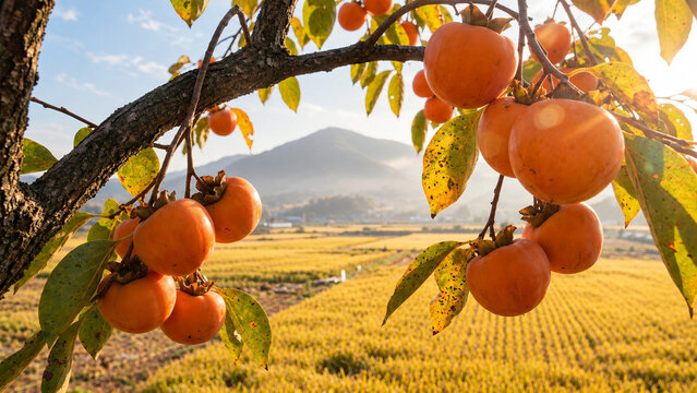 Ripe Orange Persimmons on a Tree in a Golden Autumn Korean Countryside