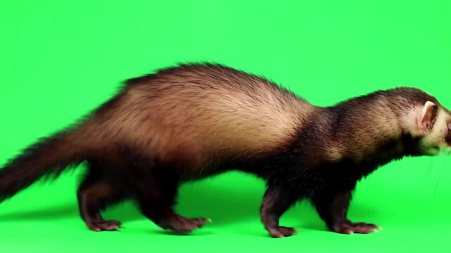 Domestic sable ferret walking across a bright green screen background showing a side profile view of fluid animal movement