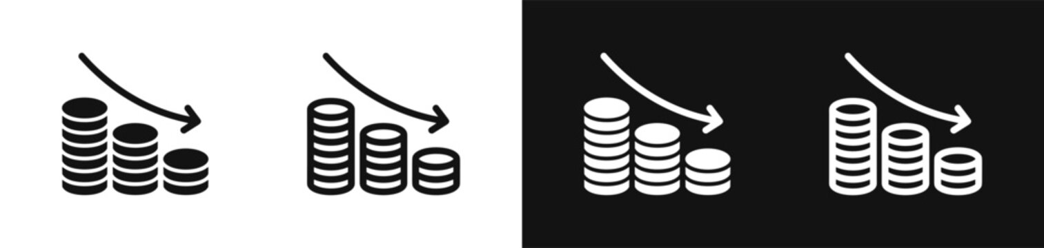 Financial loss falling coin stacks downward arrow vector icon