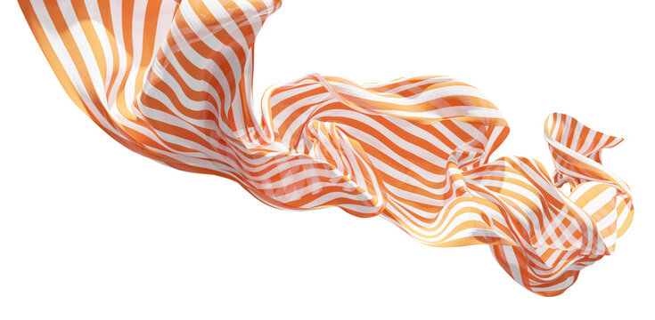 Orange and white striped sheer fabric flowing isolated on transparent background with copy space 3D render
