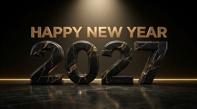 Golden Happy New Year 2027 text with marble effect on dark reflective surface