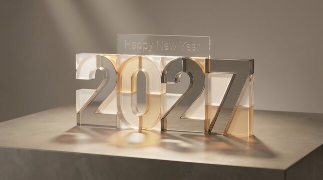 Golden new year 2027 numbers with celebratory message on reflective surface