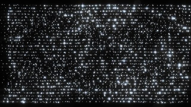 Two platinum glitter grids beat into a moire pattern, drifting against each other so interference bands roll through the field, a seamless looping optical overlay, ready for Screen blending
