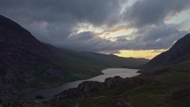 Aerial view of Tryfan and Llyn Ogwen under low clouds, Wales