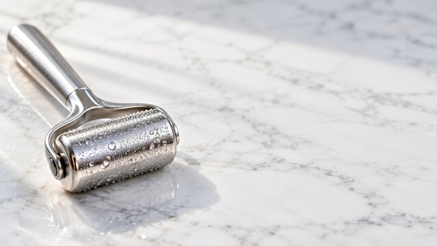 Stainless steel meat tenderizer tool with water droplets on polished marble surface in natural light