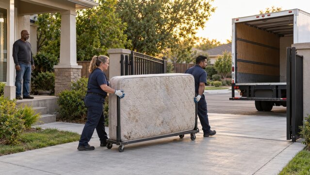 Mattress take-back handlers guiding used bedding through a driveway gate on a wheeled cradle while the customer watches from the porch