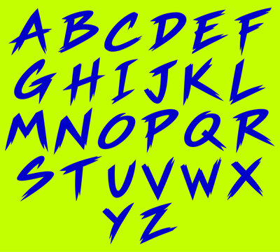 Complete Set of A-Z Uppercase Alphabet Letters with an Aggressive Jagged Edge Brush Stroke Design in Electric Blue on a Neon Lime Yellow Background.