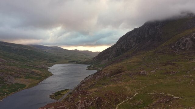 Aerial view of Tryfan and Llyn Ogwen under low clouds, Wales