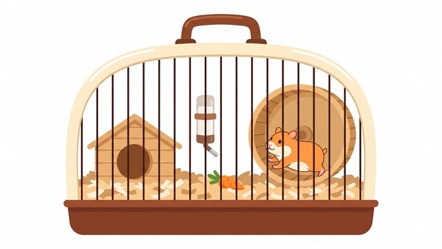 Cute little hamster running happily inside wooden wheel cage isolated on white background