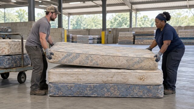 Two collection workers guide a worn mattress from a level cart onto a low supported stack inside a warehouse before onward material recovery