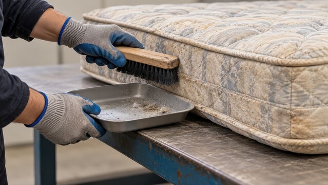 Gloved hands brush incidental loose dust from a supported used mattress edge into a shallow pan during preparation at a recycling intake table