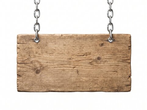 Rustic wooden signboard with metal chains blank texture for signage