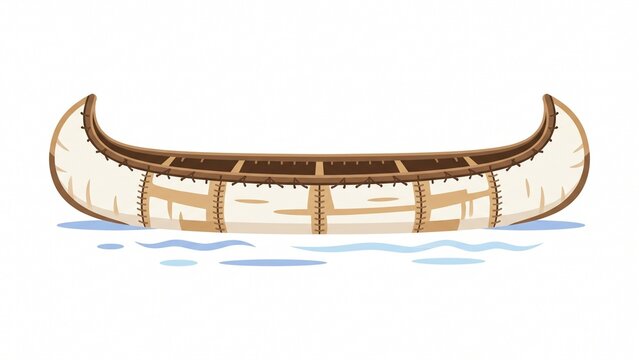 Native american birchbark canoe floating peacefully upon calm blue water on white background