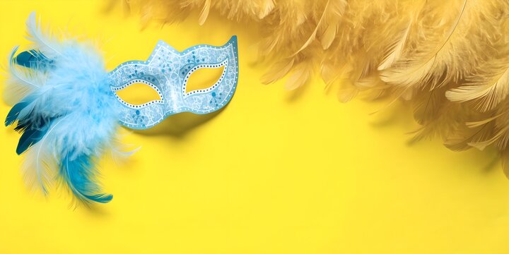 Festive blue feather masquerade mask on yellow background