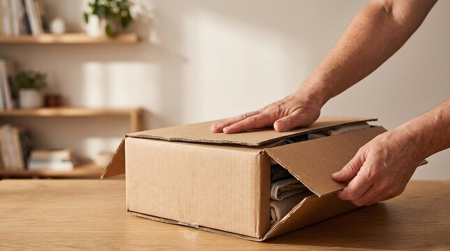 Moving house person closing cardboard box with clothes on a wooden