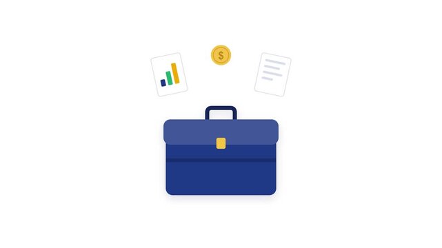 Business briefcase opening with documents and coins animation