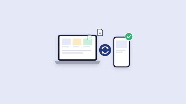 Laptop and phone syncing files flat animation seamless loop