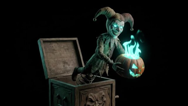Sinister 4K Evil Jester Jack in the Box Emerging and Holding a Glowing Halloween Pumpkin with Blue Magic Flames against a Dark Background.