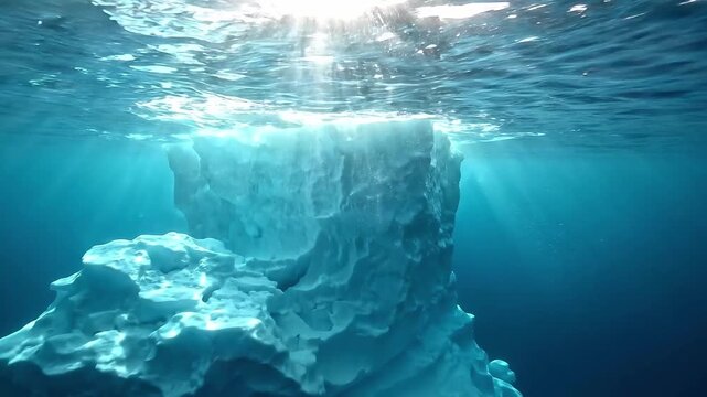 Underwater view of a towering iceberg beneath rippling sea surface. Polar ocean and glacial ice. Climate change and melting ice concept. Arctic wilderness and nature