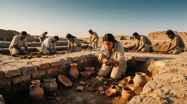 Archaeologists excavate ancient ruins at historical dig site. Team of scientists uncovers old pottery, clay artifacts in dirt. Researchers use tools to study ancient civilization fragments, stone