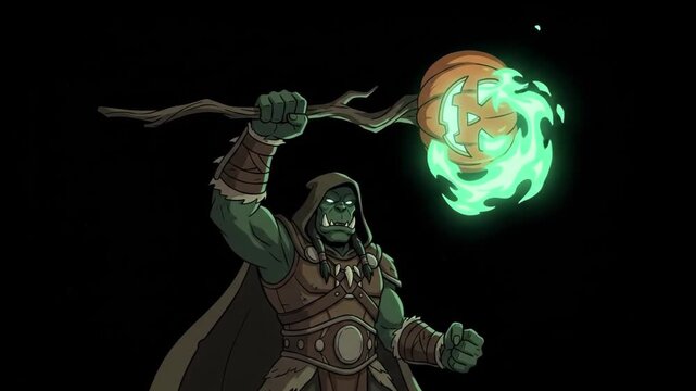 Sinister 4K Orc Warlock Raising Flaming Pumpkin Staff with Glowing Green Eerie Magic and Necromancy Aura on a Dark Spooky Background.