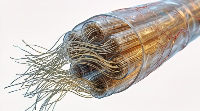 Transparent Peripheral Nerve Bundle With Individual Fibers &mdash; pure white background, no text 