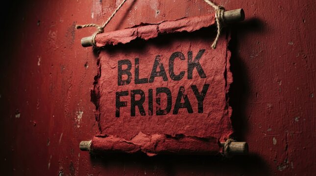 Dramatic black friday sale announcement with torn red paper background and bold lettering