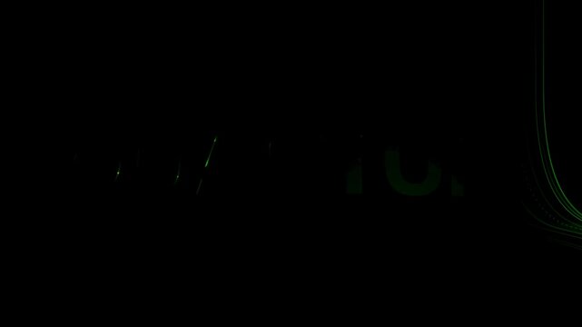 Bright green neon lines illuminate QUANTUM word on dark background. The glowing trails create intense tech energy effect. 3d render motion.