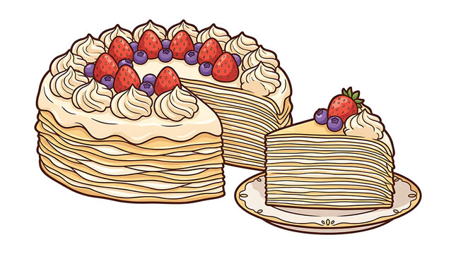 Taiwanese Mille Crepe cake cartoon illustration, delicate thousand layer crepe dessert art for upscale cafe merchandise
