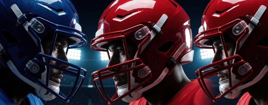 Three american football players face in intense stare down. Blue helmet player confronts red helmet teammates rivals. Close up profile of athletes wearing protective gear in stadium under bright