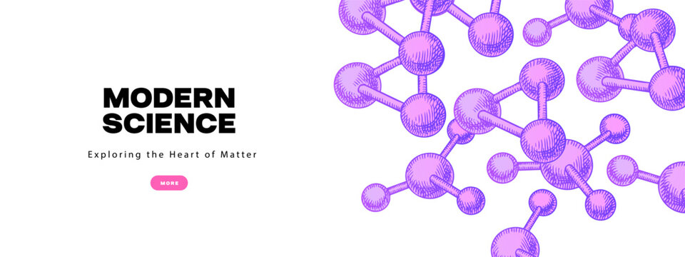 Modern science banner, abstract particle network. Chemistry research, nanotechnology, biotechnology, scientific laboratory educational concept. Hand drawn isolated vector illustration.