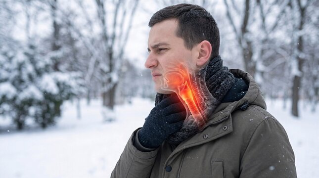 Man holding throat in pain from sore throat infection with glowing anatomical pharynx and vocal cords overlay on snowy background