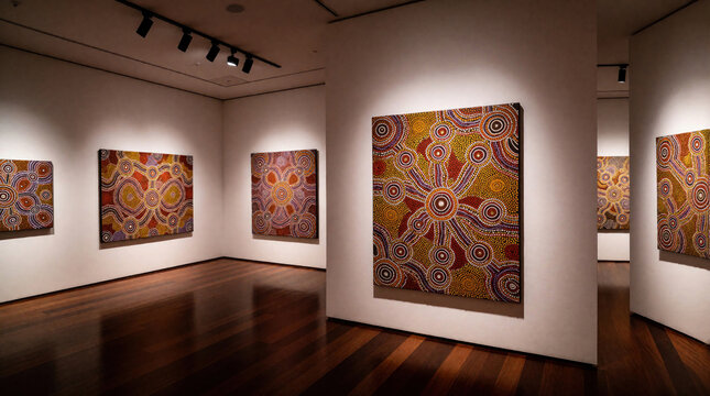 Aboriginal dot paintings displayed in modern art gallery. Colorful indigenous dreamtime artwork hangs on white walls in museum exhibition. Traditional Australian tribal art features unique patterns,