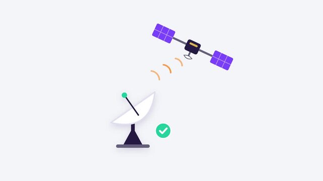 Satellite sending signal waves to dish antenna flat animation