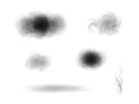 Various smoke puffs and wisps in swirling patterns and dense clouds isolated on transparent background