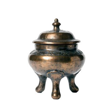 traditional Chinese bronze incense burner with an ornate but generic handcrafted design, warm aged metallic patina, three short supporting legs and subtle decorative relief, authentic temple offering 
