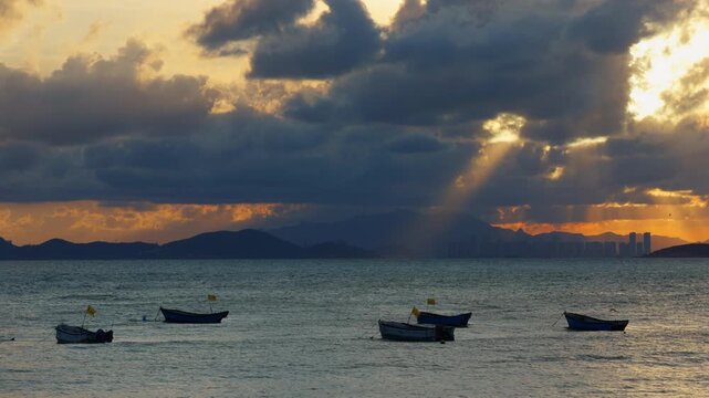 Sunset Sea Tyndall Effect Dramatic Crepuscular Rays Boats Handheld