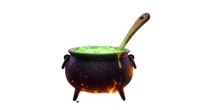 Halloween witch cauldron with bubbling green magic potion, black cast iron pot with wooden spoon, mystical fantasy brew isolated on white background