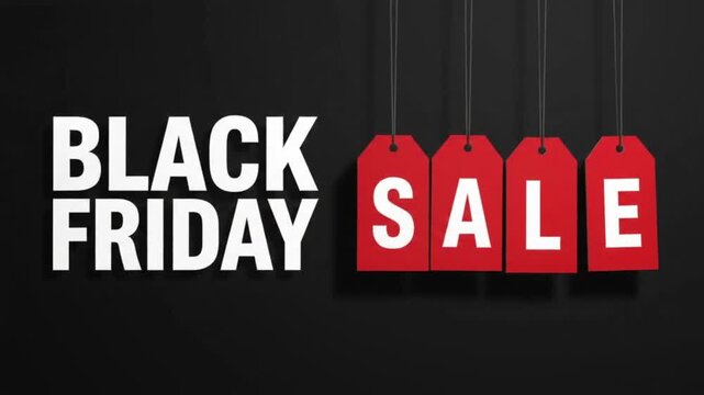 Black Friday sale with hanging red price tags, bold typography, and lines on dark background