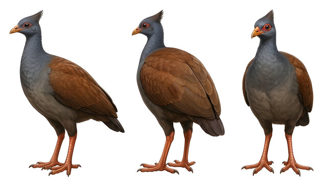 Three orange-footed scrubfowl birds with gray heads and brown wings in different standing poses, isolated on white background
