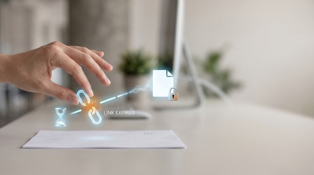 Temporary Access - A hand attempts to break an expired file-sharing link, leaving a business document locked and inaccessible for download or viewing.