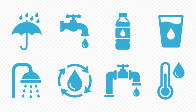 Water Conservation and Rainfall fresh aqua symbols Icon Set