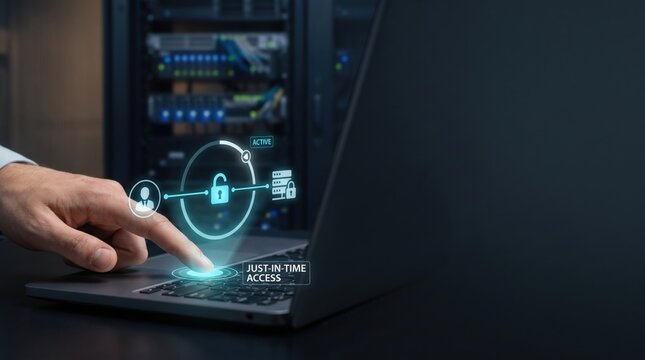 Temporary Access - A hand granting just-in-time administrative access to a secure enterprise server, representing real-time cybersecurity and IT management.