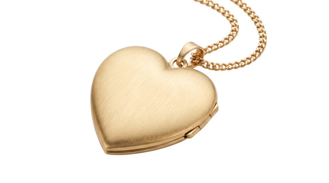 Gold heart locket pendant necklace, elegant heart shaped golden jewelry, romantic vintage style love symbol gift isolated PNG with Transparent Background