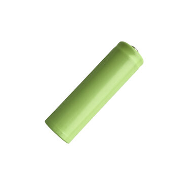 A green cylindrical power source, a rechargeable battery, on a white background.