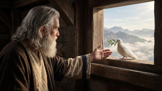 Noah reaches toward a dove carrying an olive branch at the window of the ark after the Great Flood. A biblical scene symbolizing hope, renewal, peace, and God's covenant, inspired by Genesis 8.