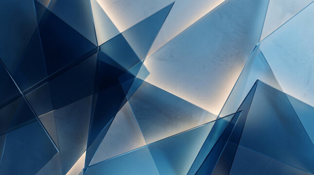 Abstract background with overlapping blue geometric triangles and light reflections.