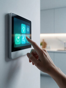 Close up of female hand touching smart home control panel on wall. Woman uses digital interface for home automation. Person controls smart device to manage lighting, temperature, energy in modern
